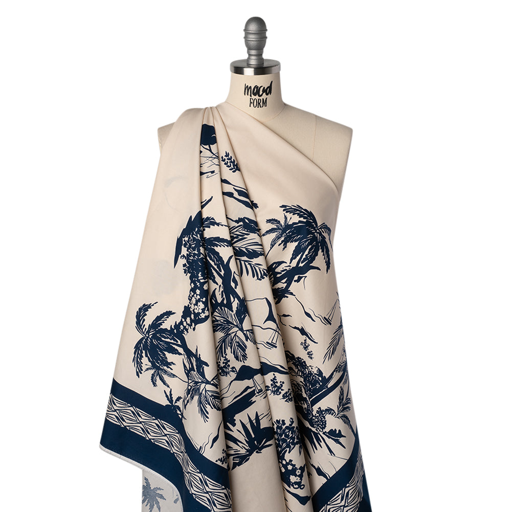 Stretch Cotton Poplin Panel - Cream and Navy Tropical Scenery - Designer Deadstock