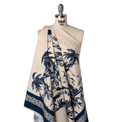 Stretch Cotton Poplin Panel - Cream and Navy Tropical Scenery - Designer Deadstock