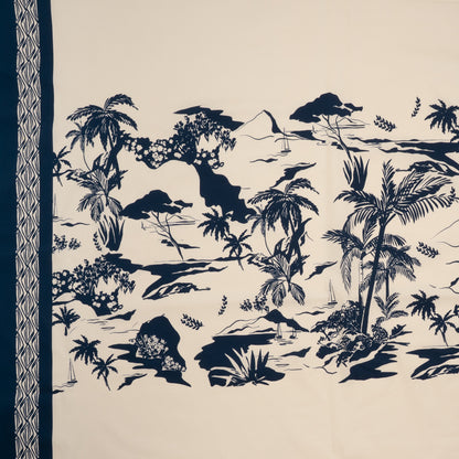 Stretch Cotton Poplin Panel - Cream and Navy Tropical Scenery - Designer Deadstock