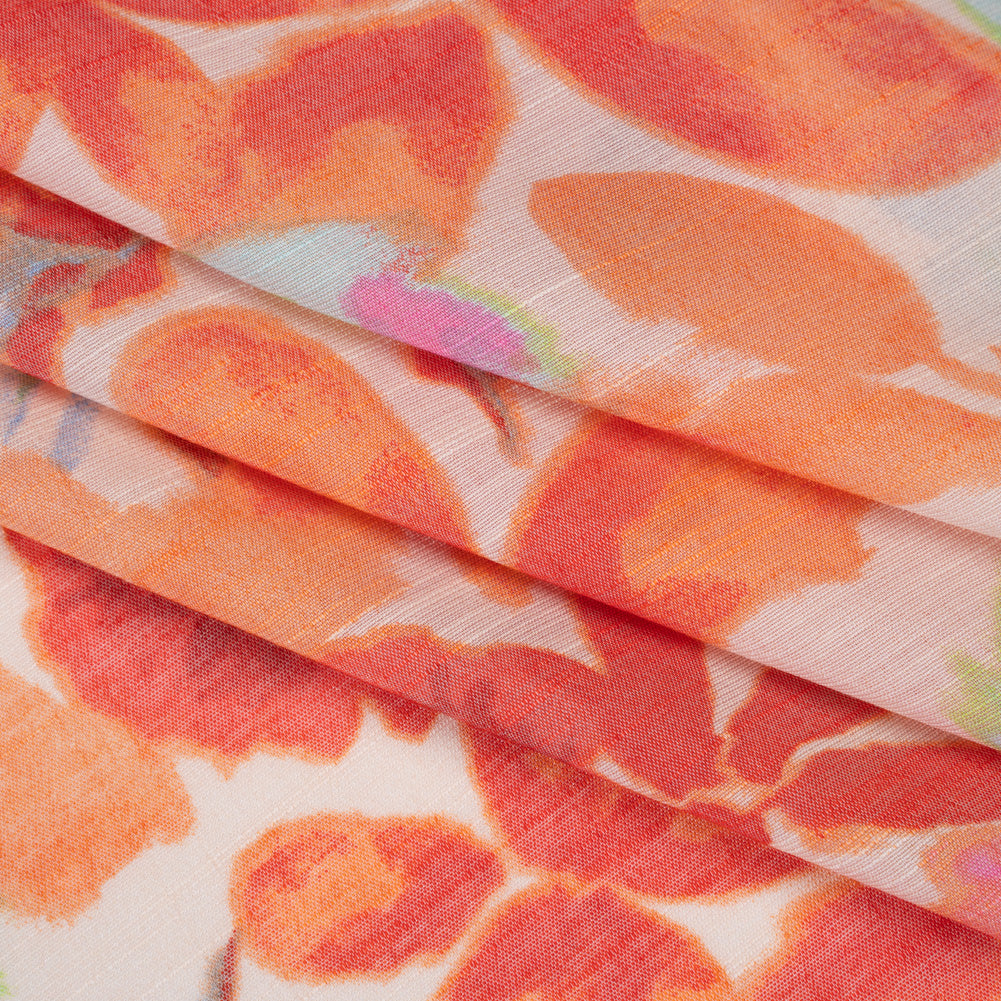 Textured Gauzy Rayon and Polyester Woven Print - Orange, Coral and Blue Painterly Florals - Designer Deadstock