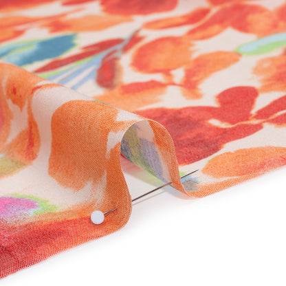 Textured Gauzy Rayon and Polyester Woven Print - Orange, Coral and Blue Painterly Florals - Designer Deadstock