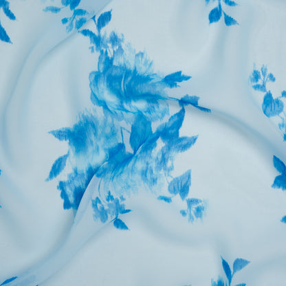 Polyester Chiffon Print - Sky and Horizon Blue Ikat Floral Bunches - Designer Deadstock