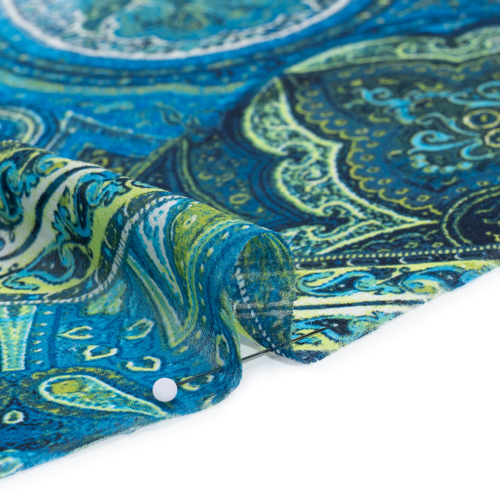 Polyester Chiffon Print - Blue and Green Paisley Patchwork - Designer Deadstock