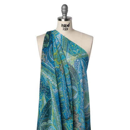 Polyester Chiffon Print - Blue and Green Paisley Patchwork - Designer Deadstock