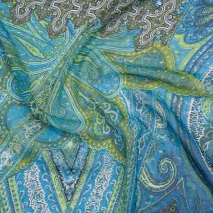 Polyester Chiffon Print - Blue and Green Paisley Patchwork - Designer Deadstock