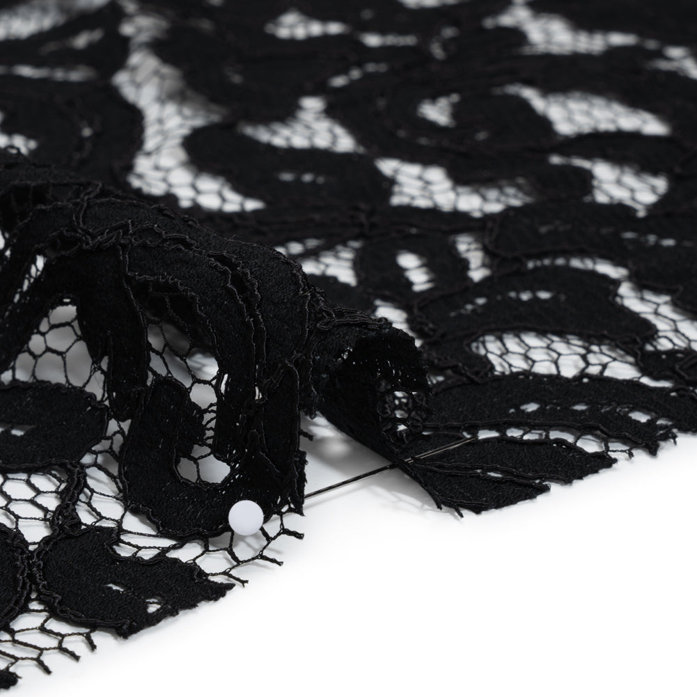 Corded Cotton and Polyester Lace - Black Floral - Designer Deadstock