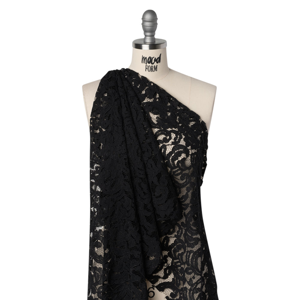 Corded Cotton and Polyester Lace - Black Floral - Designer Deadstock