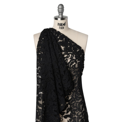 Corded Cotton and Polyester Lace - Black Floral - Designer Deadstock