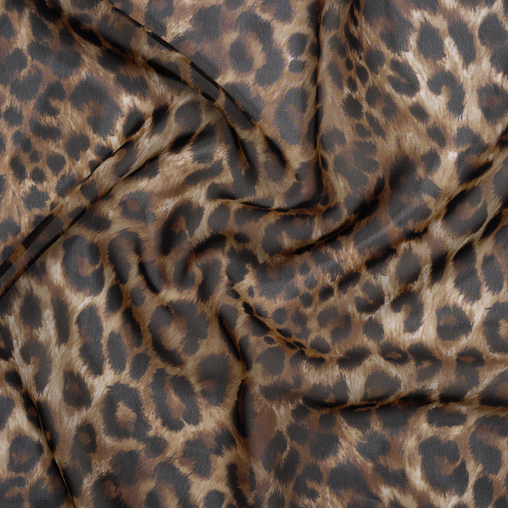 Polyester Chiffon Print - Brown and Black Leopard Spots - Designer Deadstock