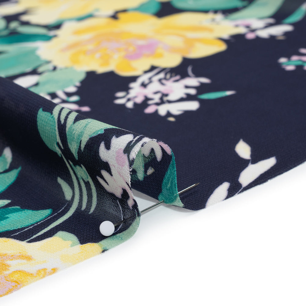 Polyester Chiffon Print - Navy Blue, Yellow and Green Rose Bouquets - Designer Deadstock