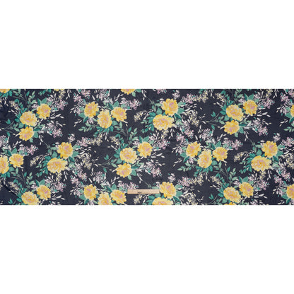 Polyester Chiffon Print - Navy Blue, Yellow and Green Rose Bouquets - Designer Deadstock