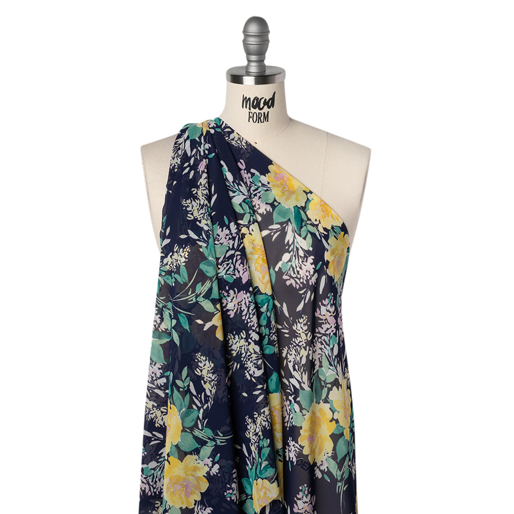 Polyester Chiffon Print - Navy Blue, Yellow and Green Rose Bouquets - Designer Deadstock