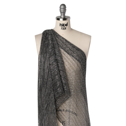Metallic Sheer Polyester Knit Plisse - Silver and Black - Designer Deadstock Drape