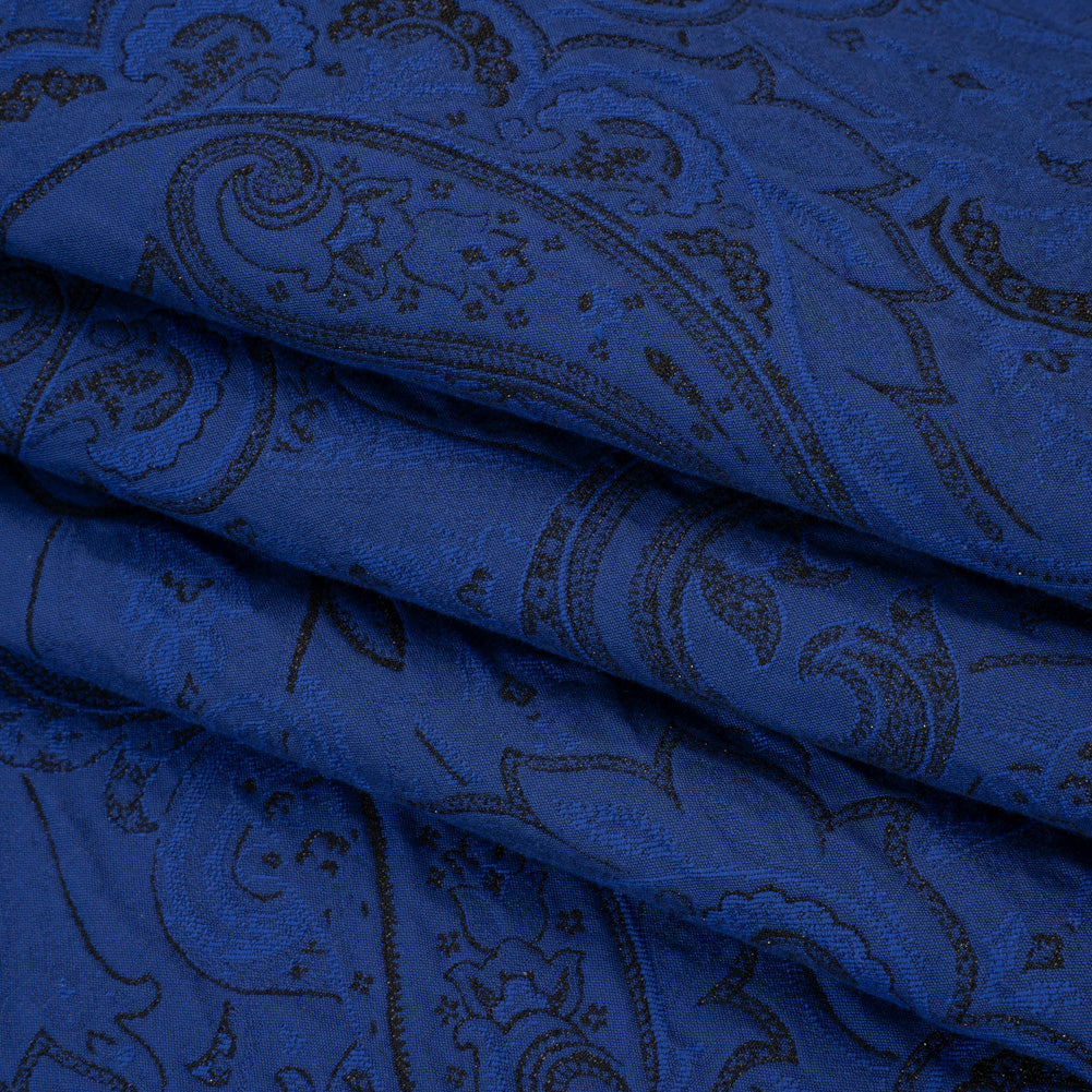 Metallic Cotton and Polyester Brocade - Dark Blue and Black Paisley - Designer Deadstock