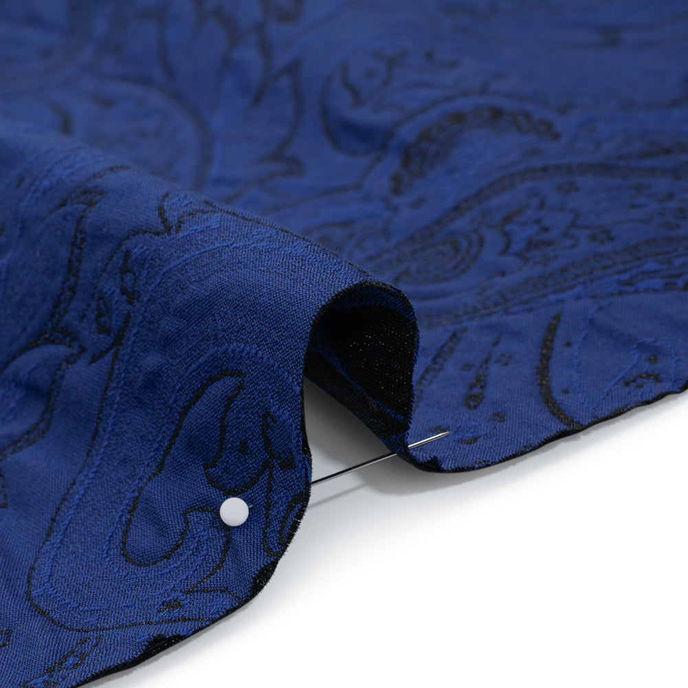 Metallic Cotton and Polyester Brocade - Dark Blue and Black Paisley - Designer Deadstock