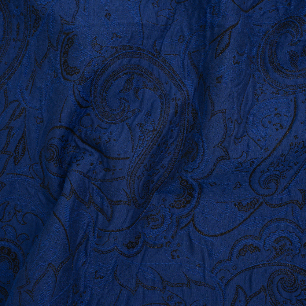 Metallic Cotton and Polyester Brocade - Dark Blue and Black Paisley - Designer Deadstock