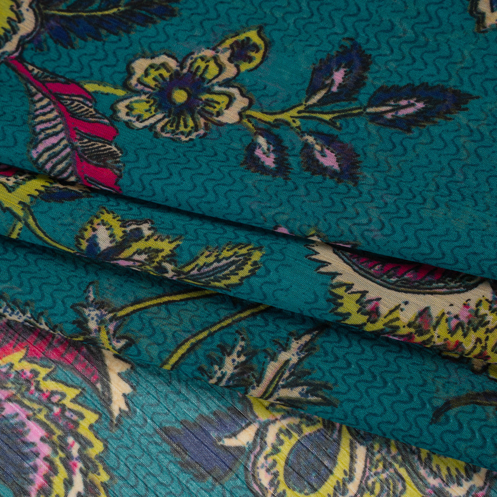 Crinkled Polyester Chiffon Print - Teal, Pink and Lime Jacobean Florals and Waves - Designer Deadstock Folded