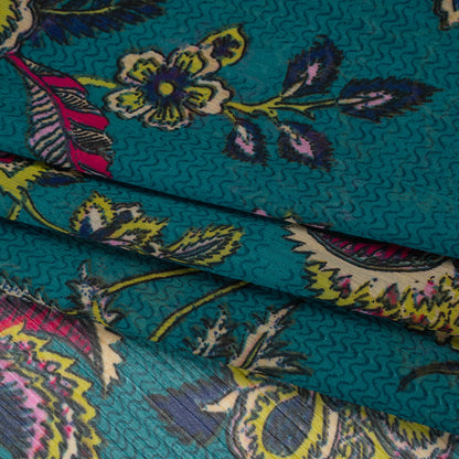 Crinkled Polyester Chiffon Print - Teal, Pink and Lime Jacobean Florals and Waves - Designer Deadstock Folded
