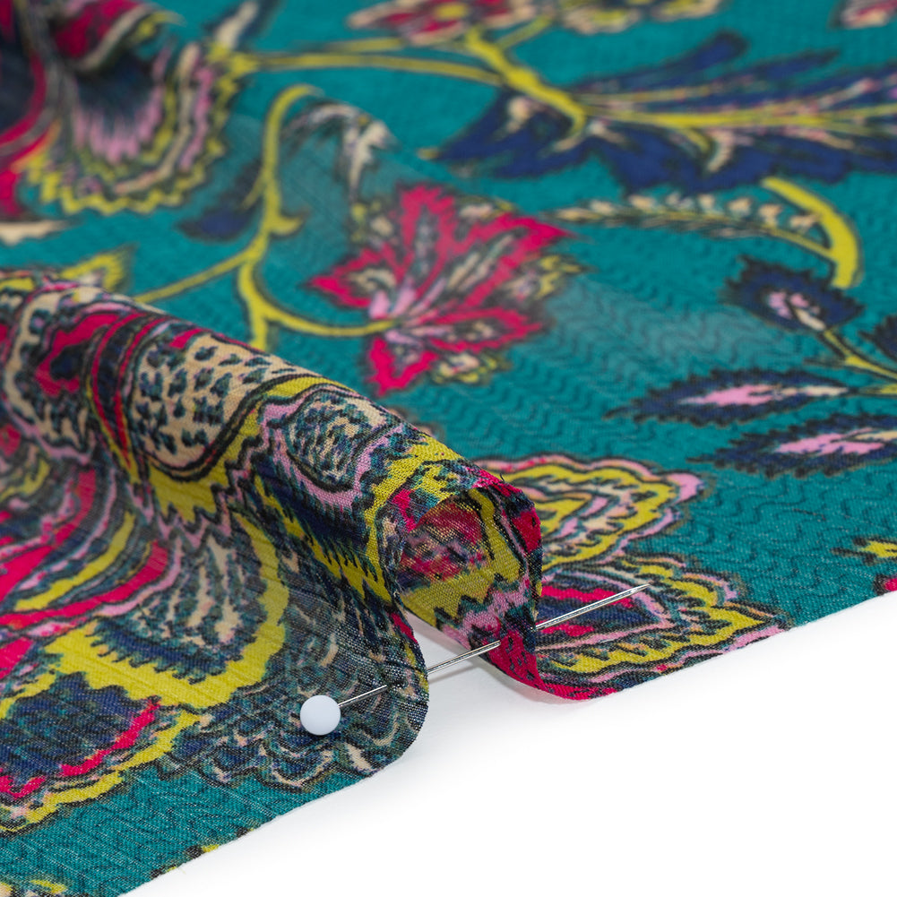 Crinkled Polyester Chiffon Print - Teal, Pink and Lime Jacobean Florals and Waves - Designer Deadstock Detail