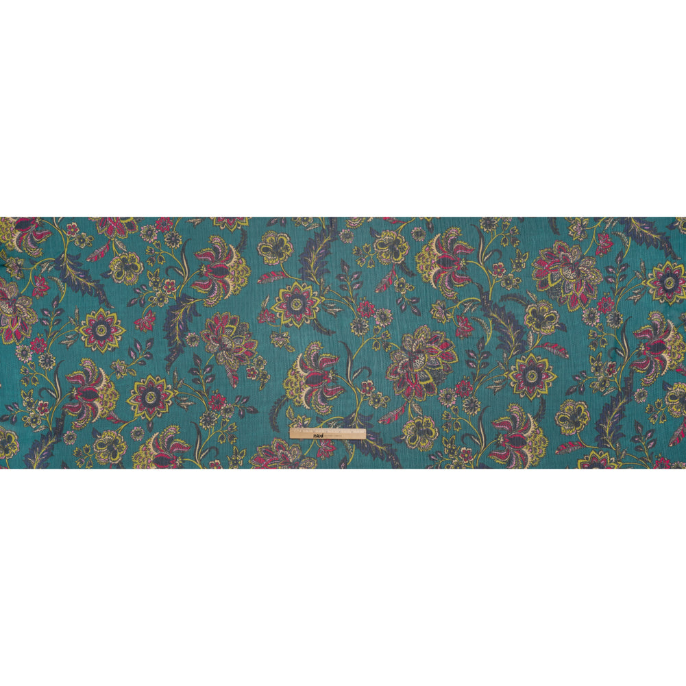 Crinkled Polyester Chiffon Print - Teal, Pink and Lime Jacobean Florals and Waves - Designer Deadstock - Full