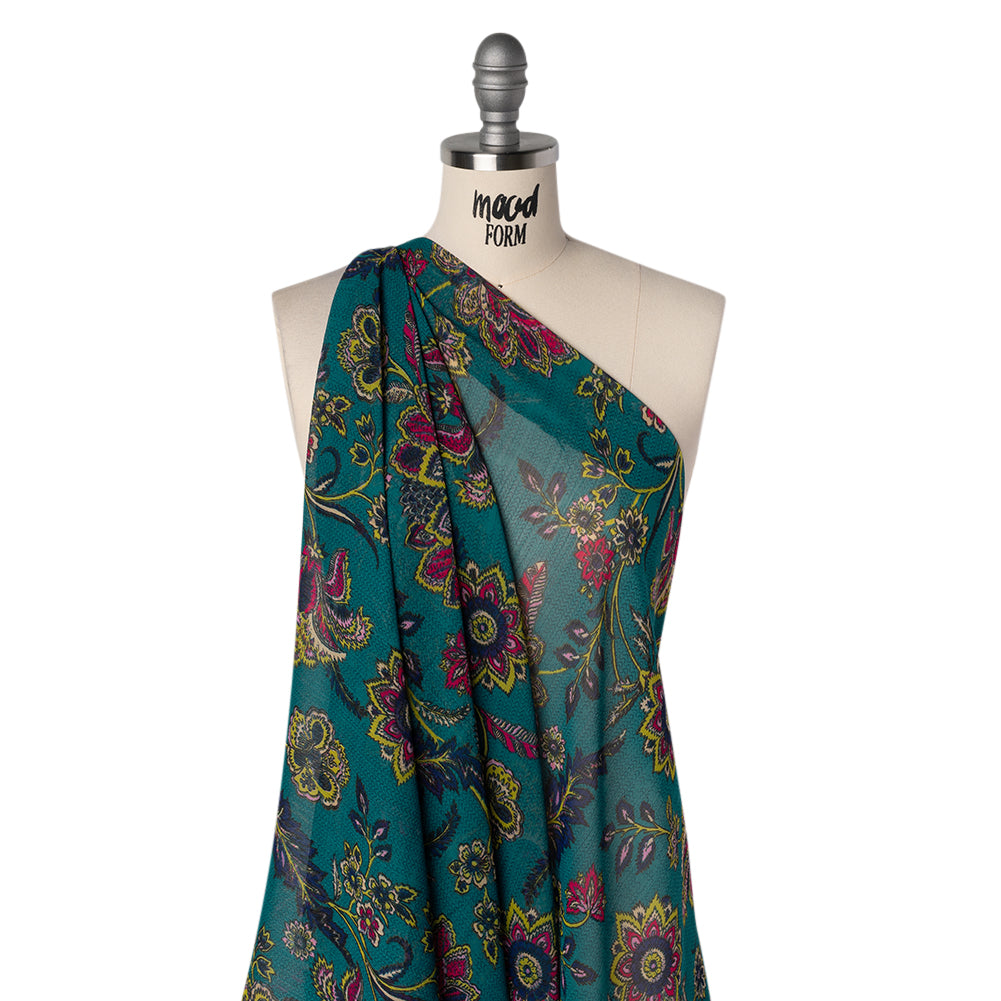 Crinkled Polyester Chiffon Print - Teal, Pink and Lime Jacobean Florals and Waves - Designer Deadstock Drape