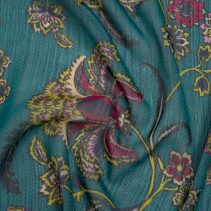 Crinkled Polyester Chiffon Print - Teal, Pink and Lime Jacobean Florals and Waves - Designer Deadstock