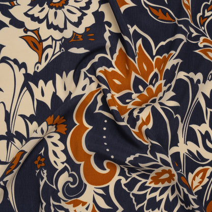 Polyester Crepe de Chine - Navy, Burnt Orange and Cream Beige Floral - Designer Deadstock