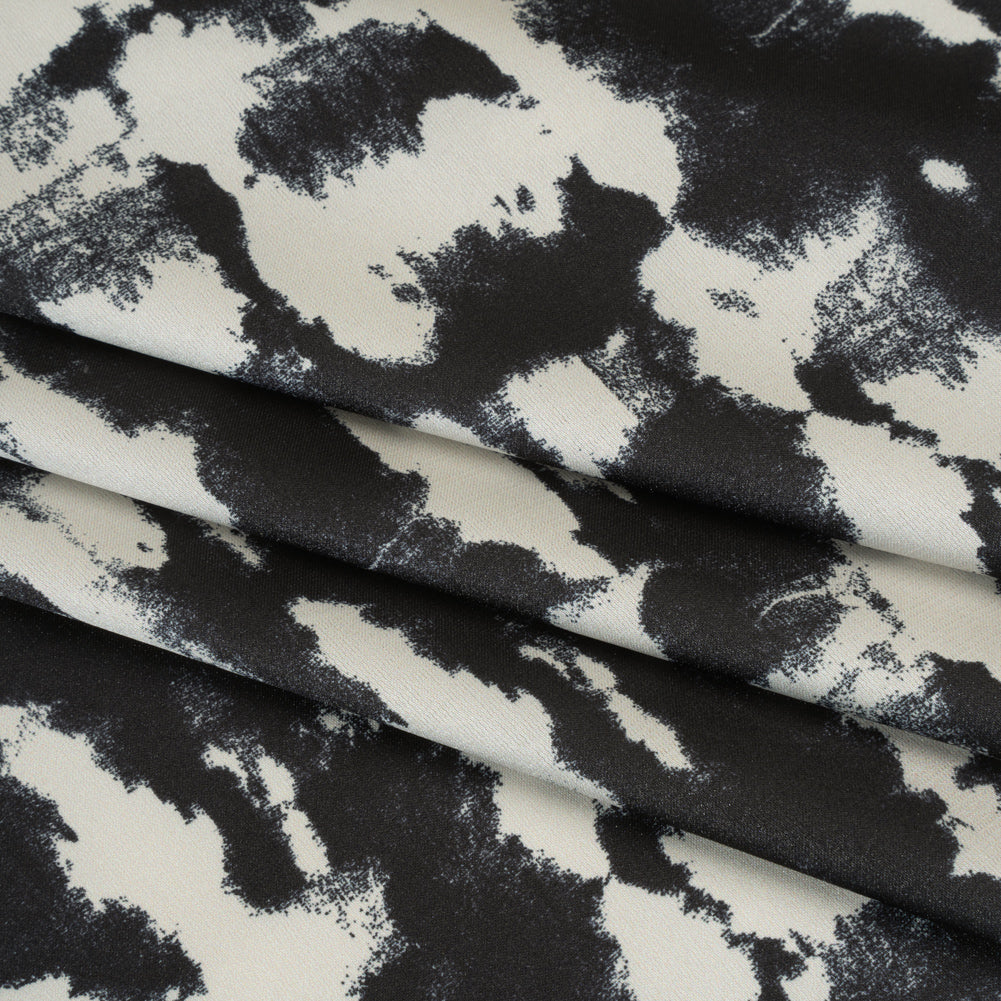 Stretch Polyester Charmeuse Print - Black and Cream Tie Dye - Designer Deadstock