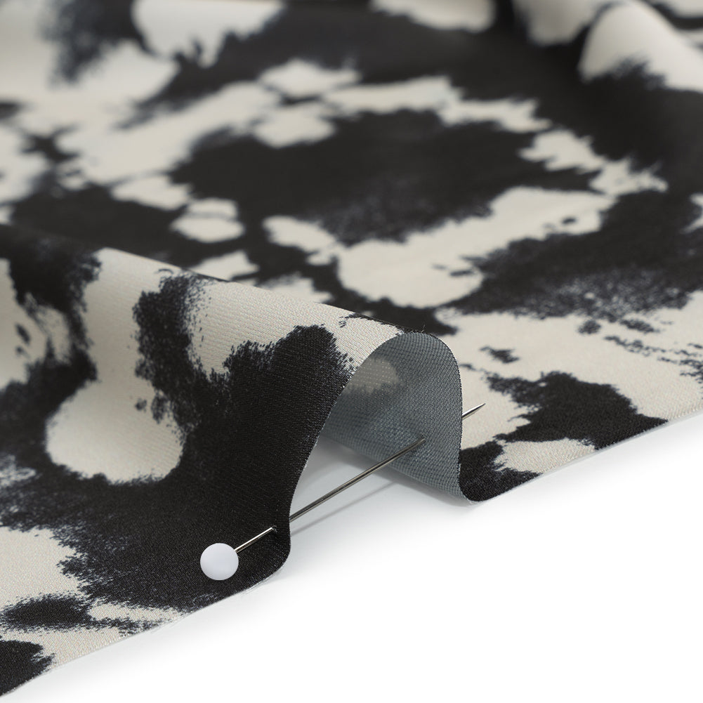 Stretch Polyester Charmeuse Print - Black and Cream Tie Dye - Designer Deadstock