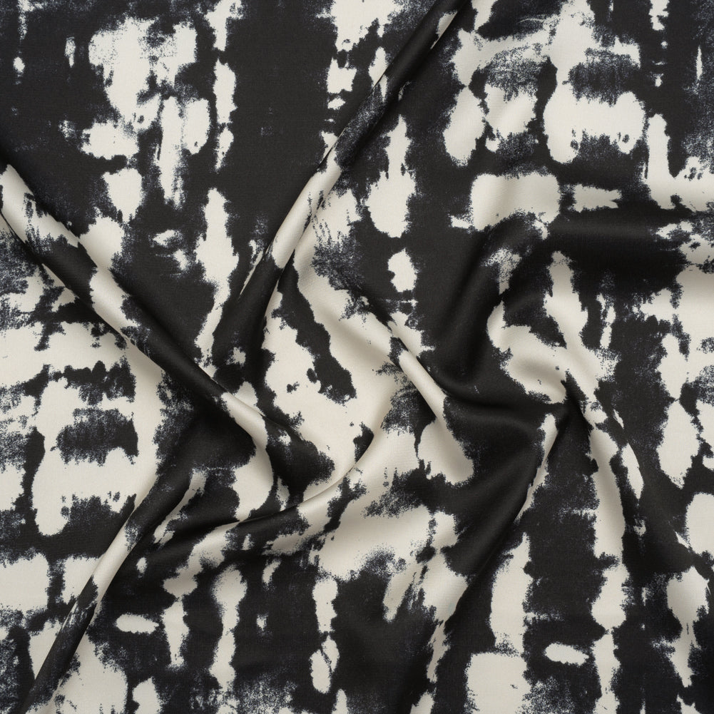 Stretch Polyester Charmeuse Print - Black and Cream Tie Dye - Designer Deadstock