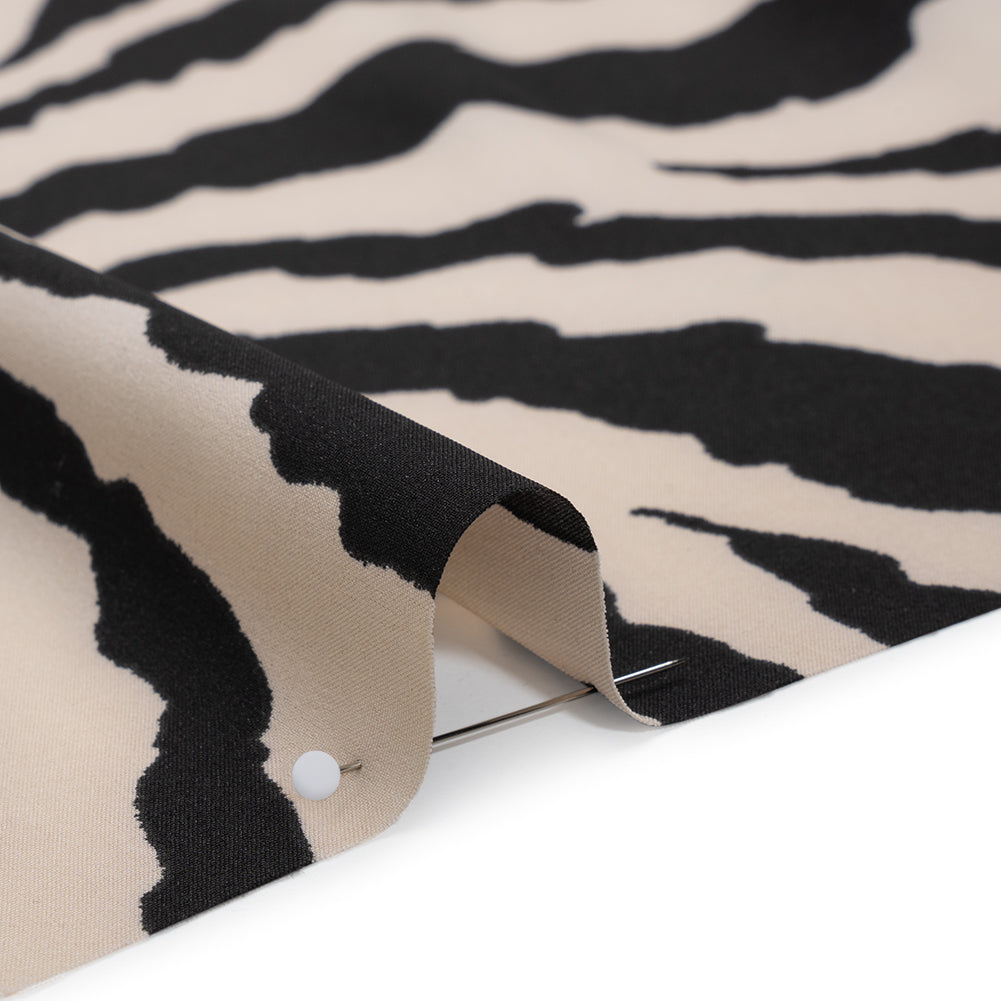 Stretch Polyester Crepe de Chine Print - Bone and Black Abstract Stripe Bursts - Designer Deadstock