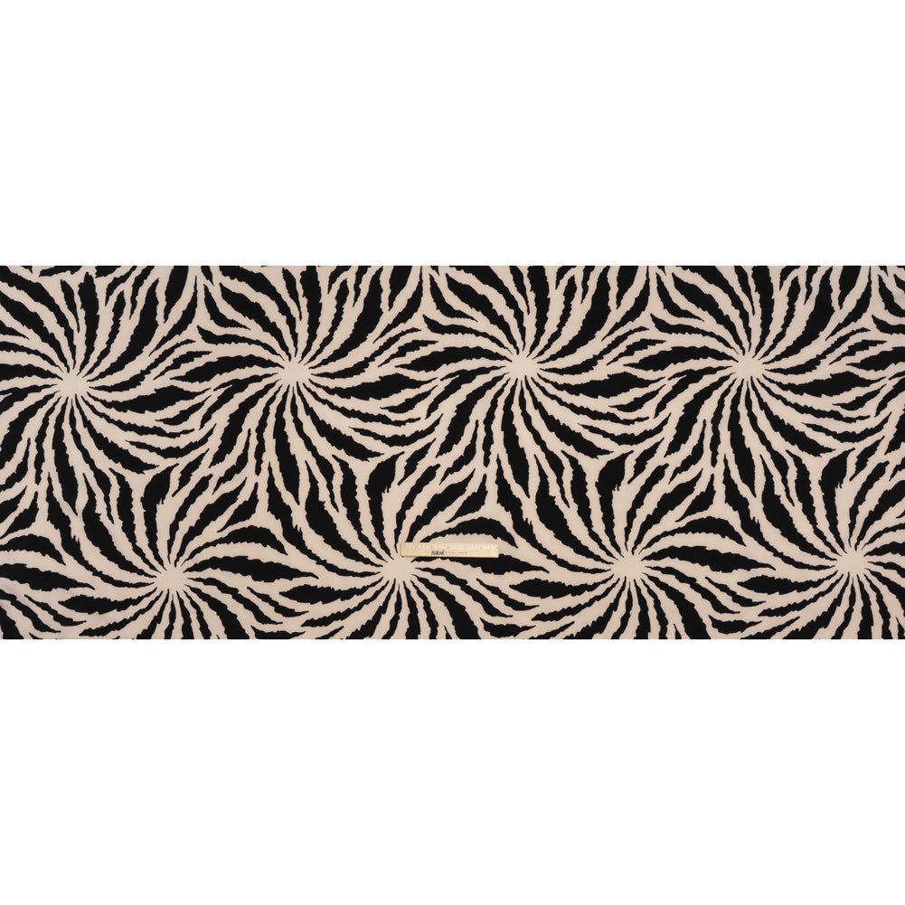 Stretch Polyester Crepe de Chine Print - Bone and Black Abstract Stripe Bursts - Designer Deadstock