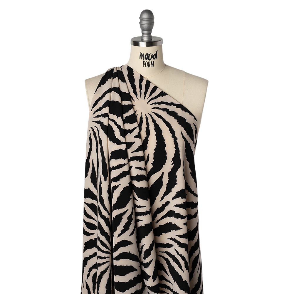 Stretch Polyester Crepe de Chine Print - Bone and Black Abstract Stripe Bursts - Designer Deadstock