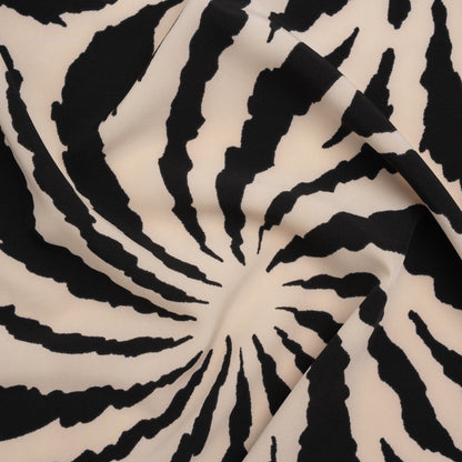 Stretch Polyester Crepe de Chine Print - Bone and Black Abstract Stripe Bursts - Designer Deadstock