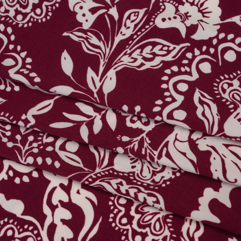 Stretch Polyester Tricot Print - Raspberry and Cream Jacobean Florals - Designer Deadstock