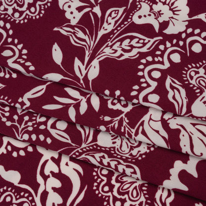 Stretch Polyester Tricot Print - Raspberry and Cream Jacobean Florals - Designer Deadstock
