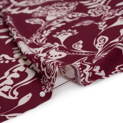 Stretch Polyester Tricot Print - Raspberry and Cream Jacobean Florals - Designer Deadstock