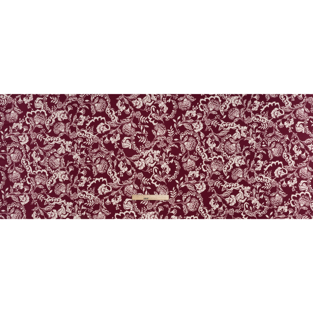 Stretch Polyester Tricot Print - Raspberry and Cream Jacobean Florals - Designer Deadstock