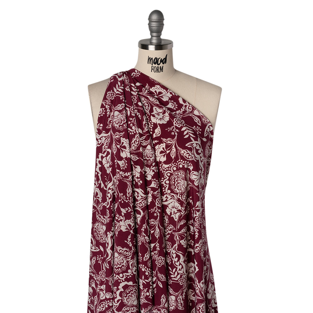 Stretch Polyester Tricot Print - Raspberry and Cream Jacobean Florals - Designer Deadstock