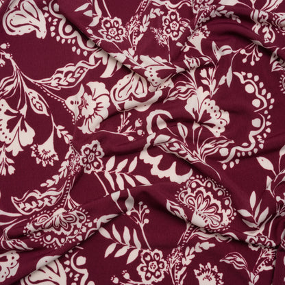 Stretch Polyester Tricot Print - Raspberry and Cream Jacobean Florals - Designer Deadstock