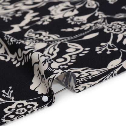 Stretch Polyester Tricot Print - Black and Cream Jacobean Florals - Designer Deadstock