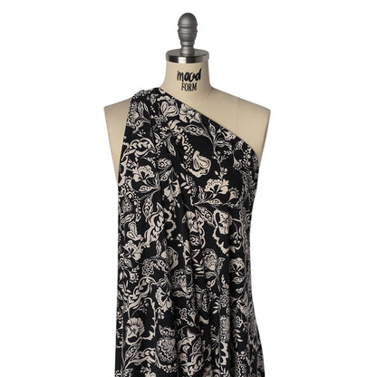 Stretch Polyester Tricot Print - Black and Cream Jacobean Florals - Designer Deadstock