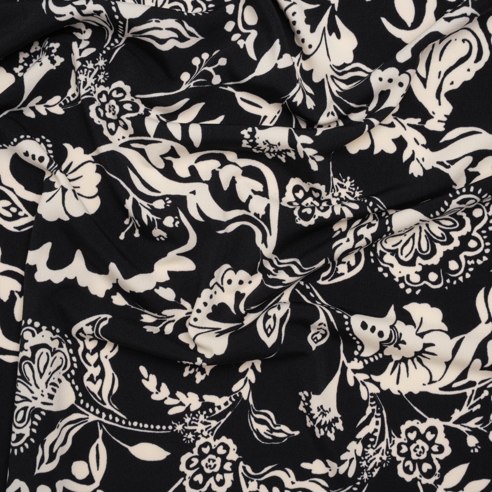 Stretch Polyester Tricot Print - Black and Cream Jacobean Florals - Designer Deadstock