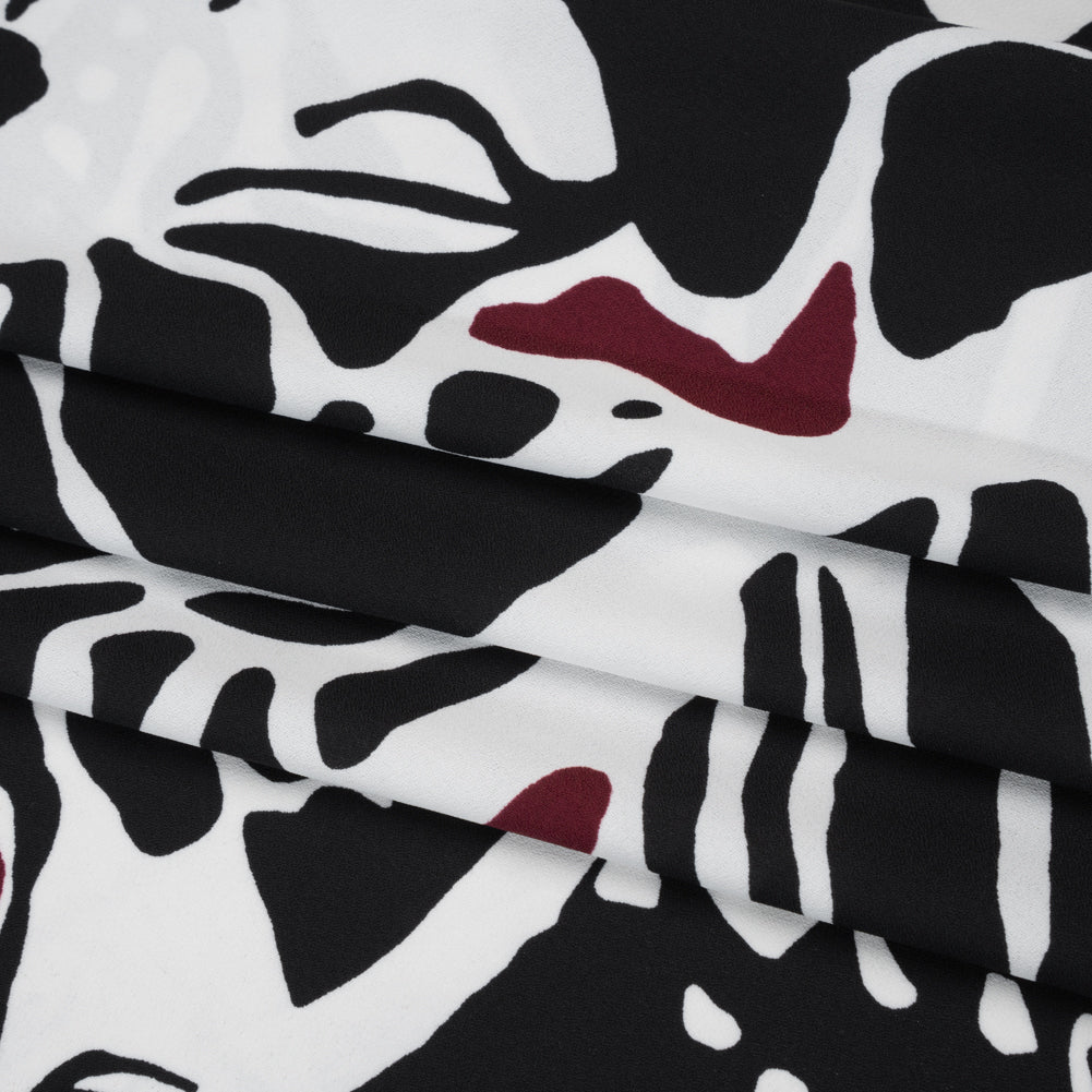 Polyester Double Georgette Print - White, Black and Burgundy Abstract Stripes - Designer Deadstock