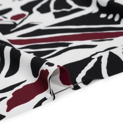 Polyester Double Georgette Print - White, Black and Burgundy Abstract Stripes - Designer Deadstock