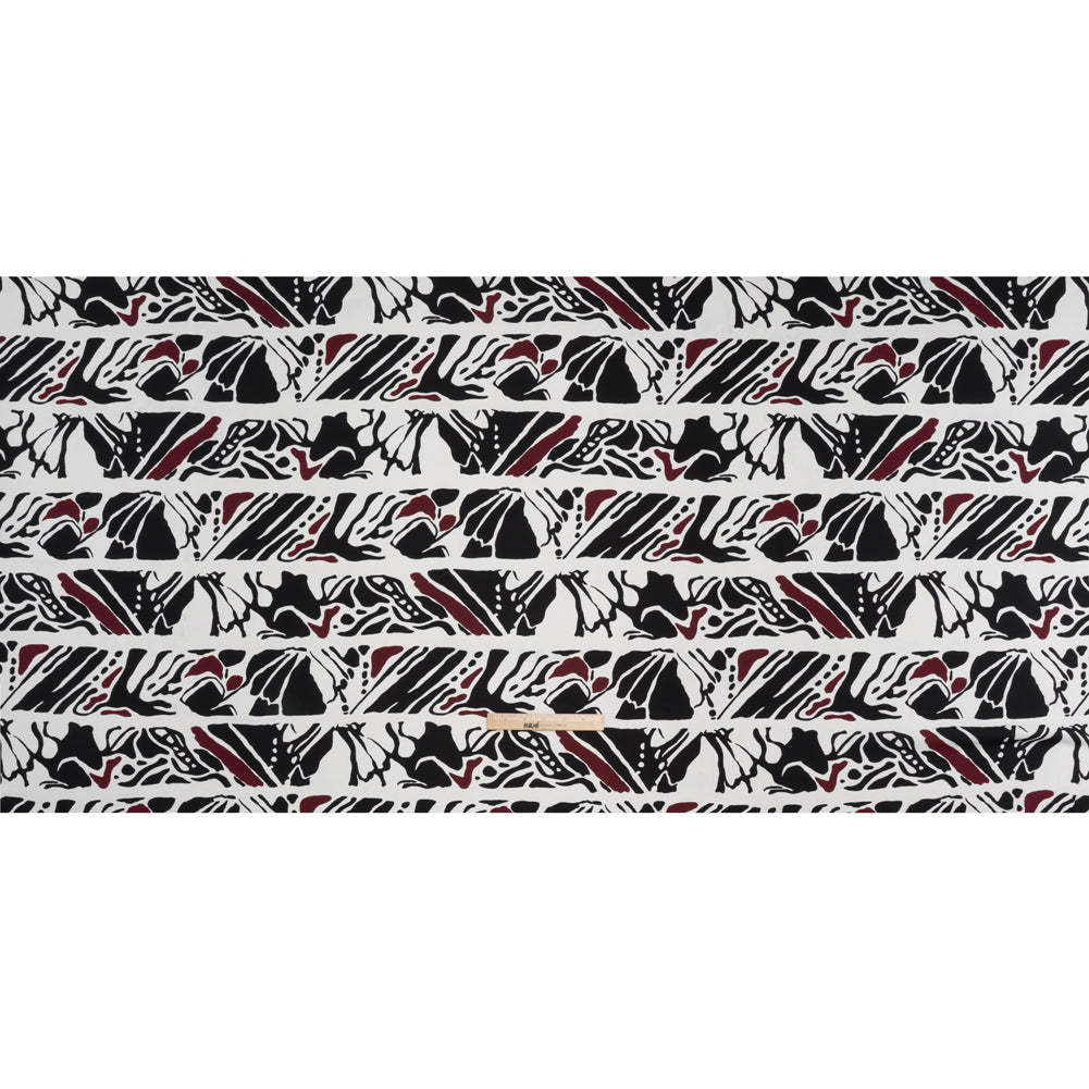 Polyester Double Georgette Print - White, Black and Burgundy Abstract Stripes - Designer Deadstock