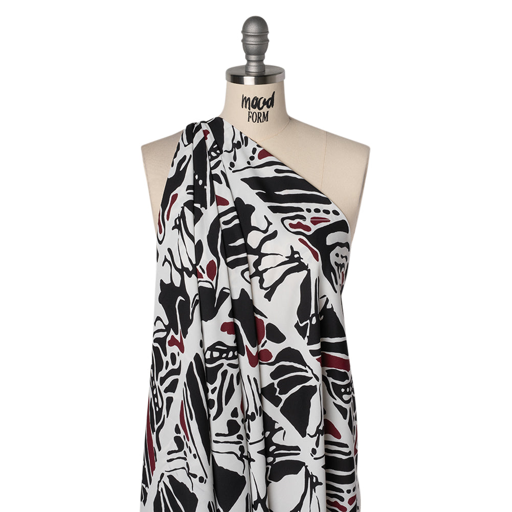 Polyester Double Georgette Print - White, Black and Burgundy Abstract Stripes - Designer Deadstock
