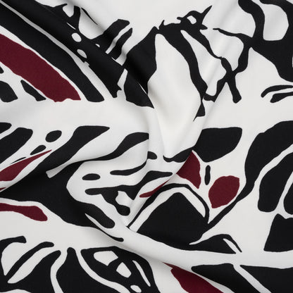 Polyester Double Georgette Print - White, Black and Burgundy Abstract Stripes - Designer Deadstock