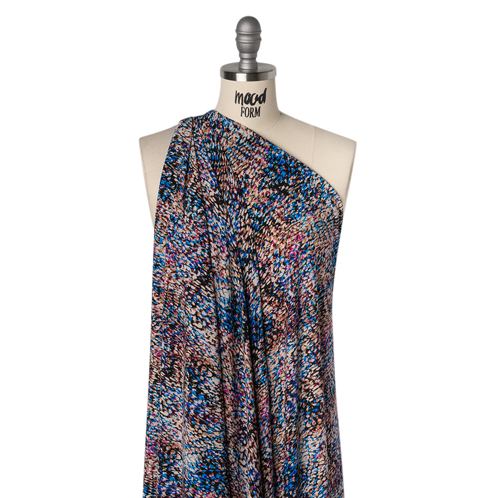 Stretch Polyester Tricot Print - Pink, Blue and Beige Abstract Spots - Designer Deadstock