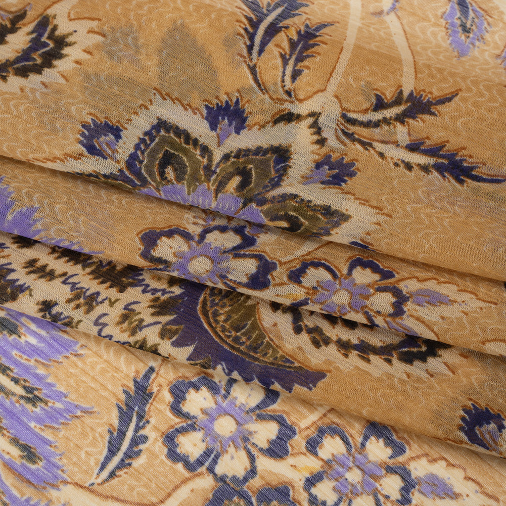 Crinkled Polyester Chiffon Print - Gilded Beige, Lavender and Dark Blue Jacobean Floral - Designer Deadstock